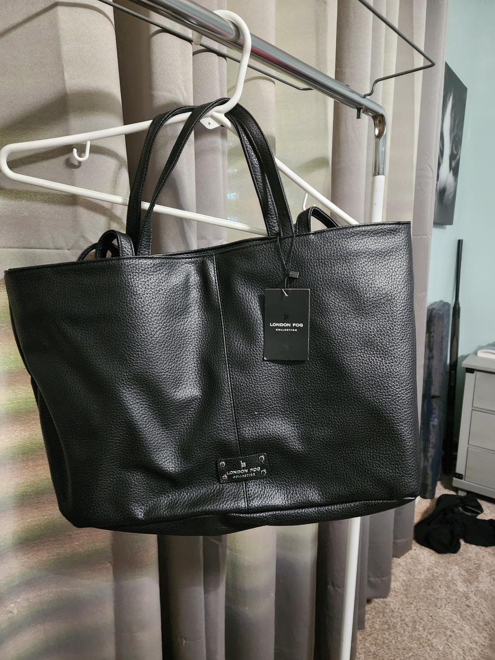 London Fog Black Pebbled Leather Tote with Beige Lined Interior